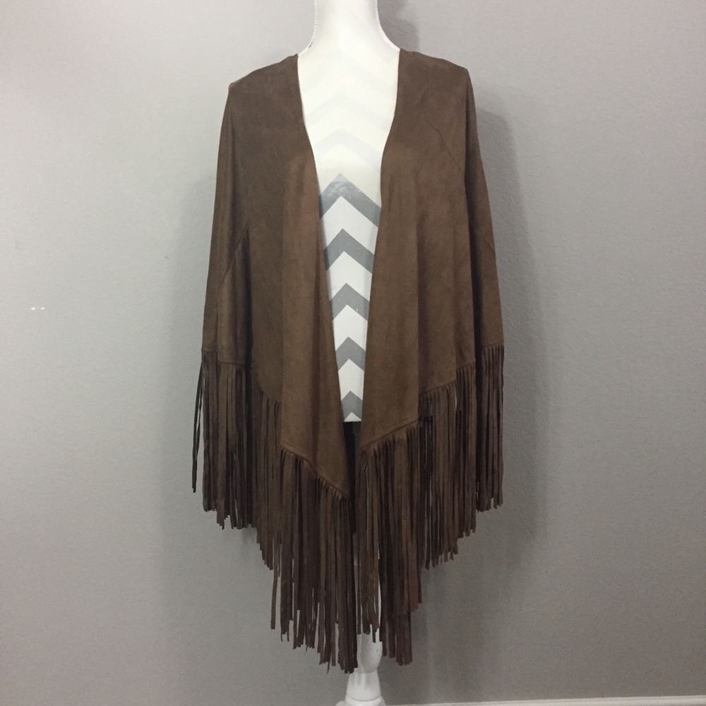 Umgee Boho Camel/Brown Faux Suede Fringe Kimono